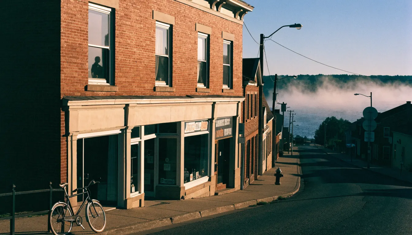 A two-story brick storefront building on a small main street at golden hour