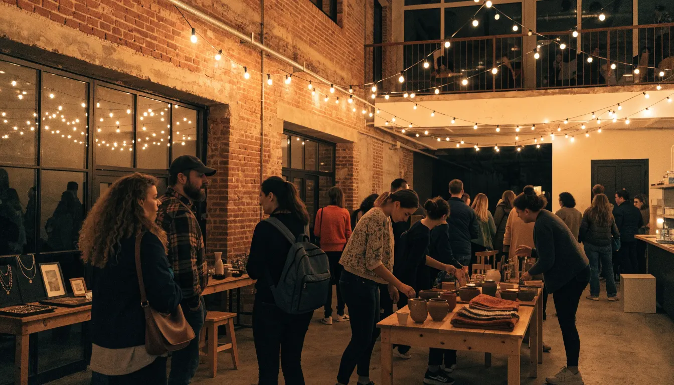 An evening maker market in a brick-walled community room under string lights