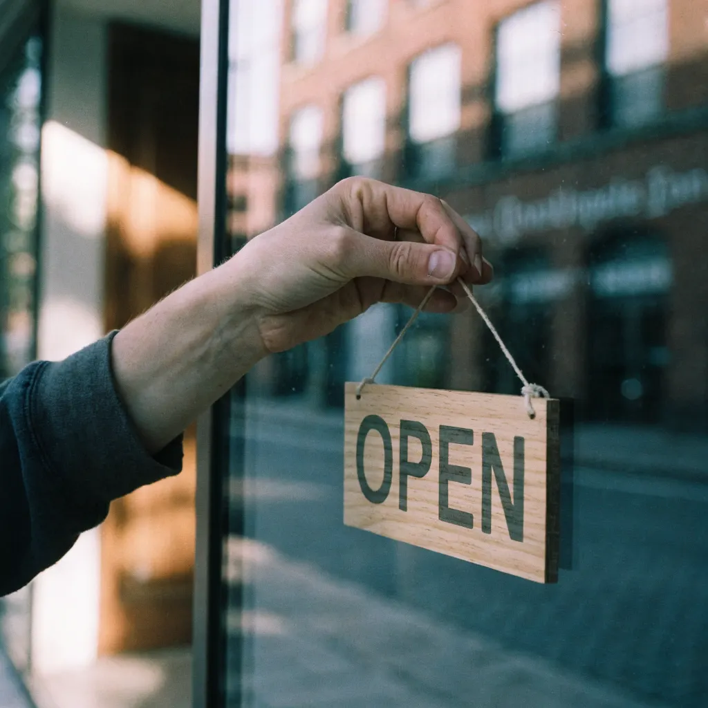A hand hanging an open sign in a shop window