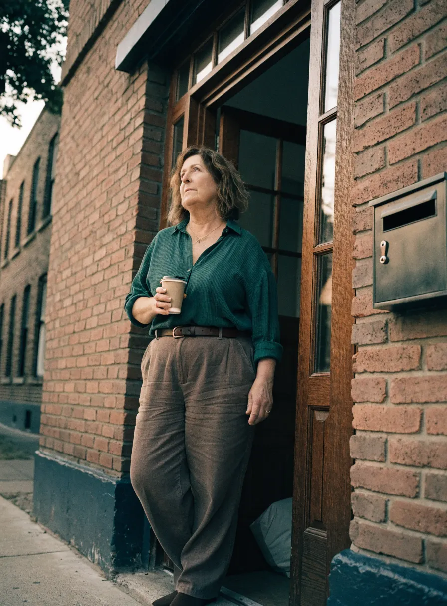 A building owner with a coffee standing in the doorway of her brick building