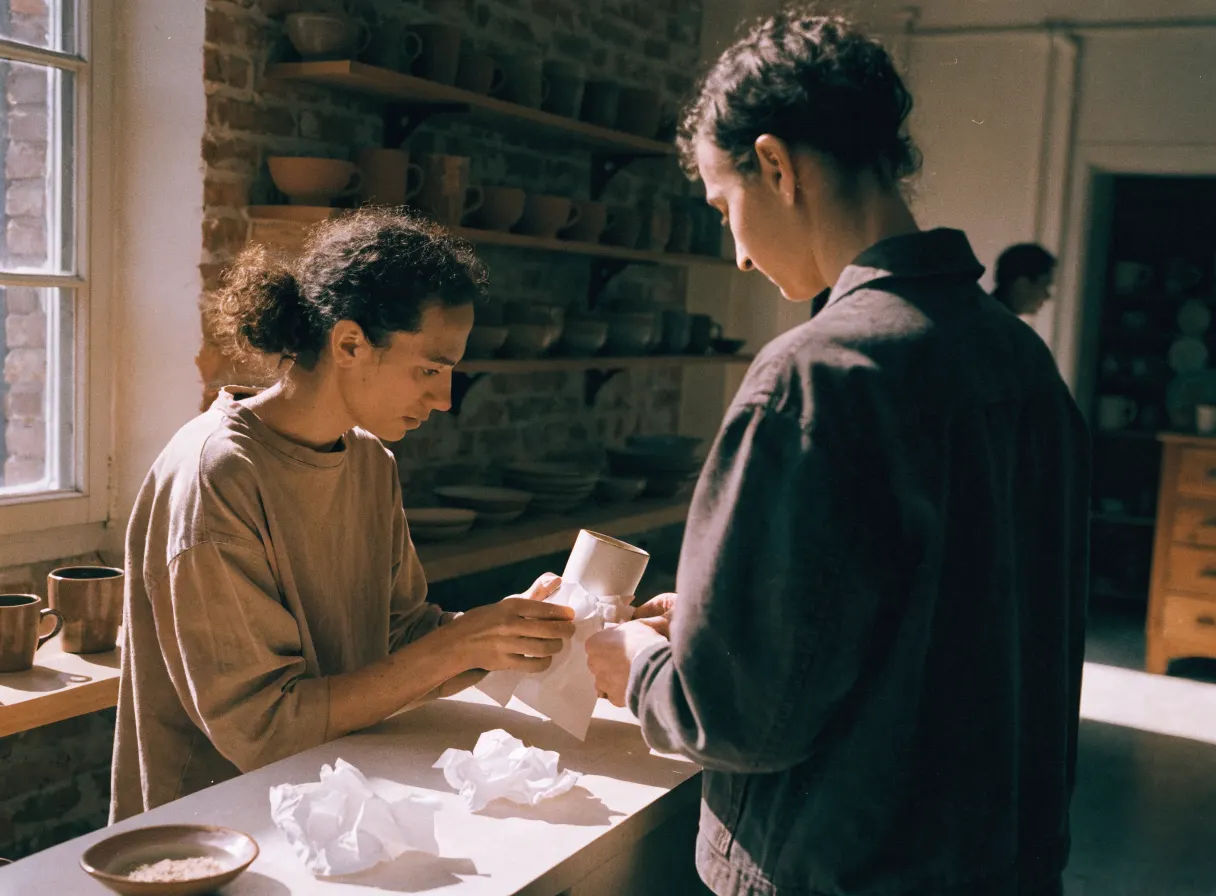 A ceramicist wrapping a mug for a customer in a small brick studio
